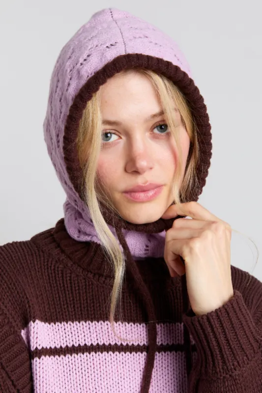 pointelle hood in pink & choc sold by Damson Madder