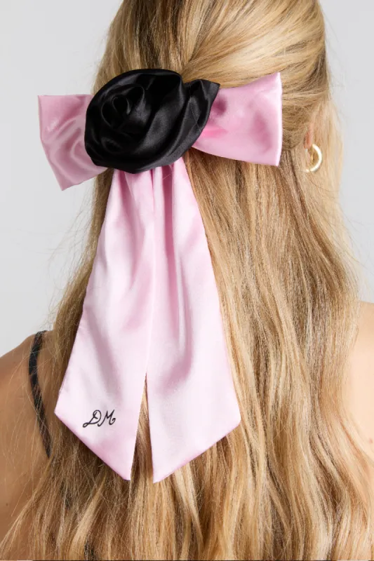 rosette bow clip - pink & black satin sold by Damson Madder
