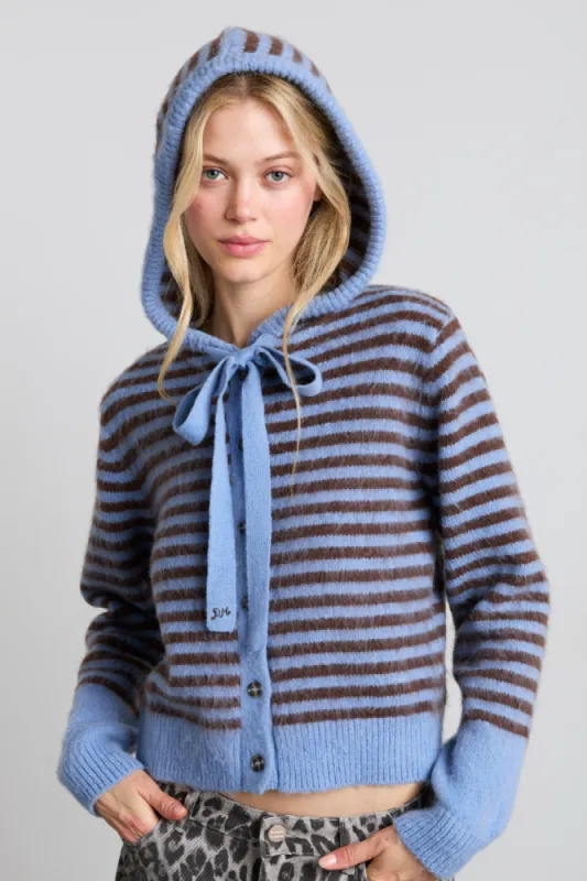 ruthie bonnet cardigan - blue & chocolate stripe sold by Damson Madder