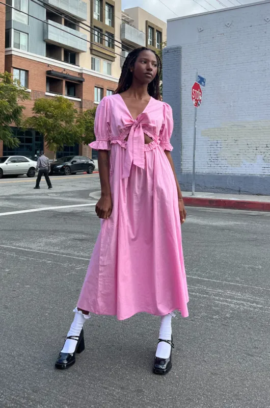 cassie pink bow midi dress sold by Damson Madder