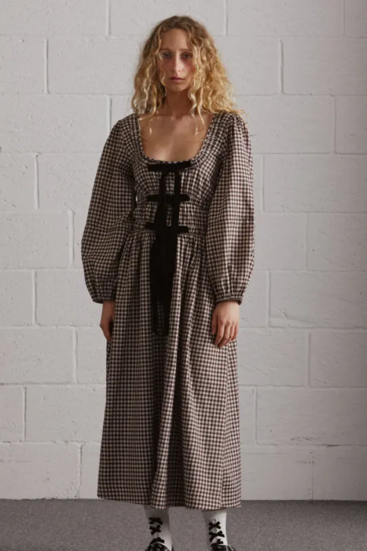 dakota bow midi dress - chocolate check sold by Damson Madder