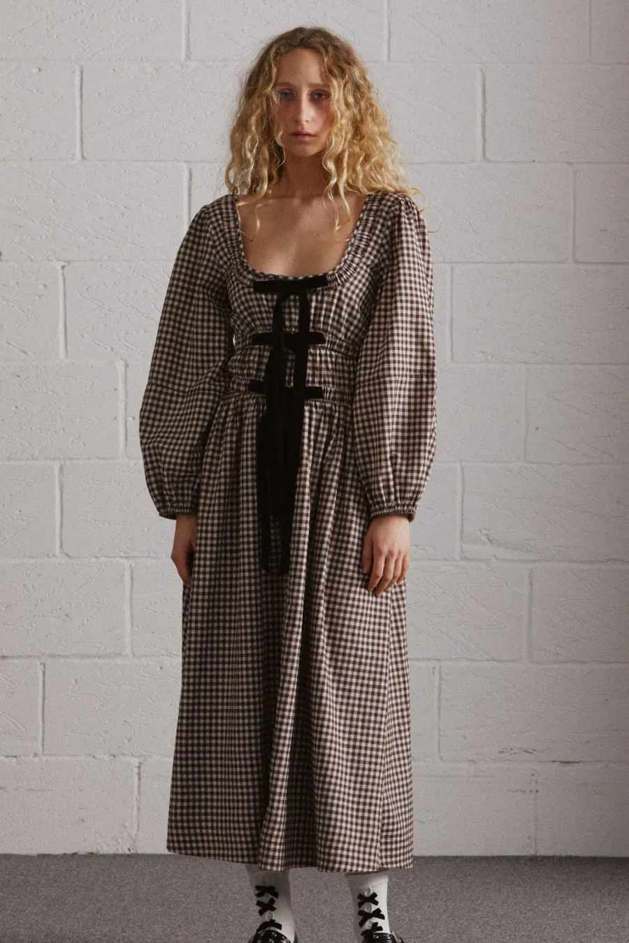 dakota bow midi dress - chocolate check sold by Damson Madder