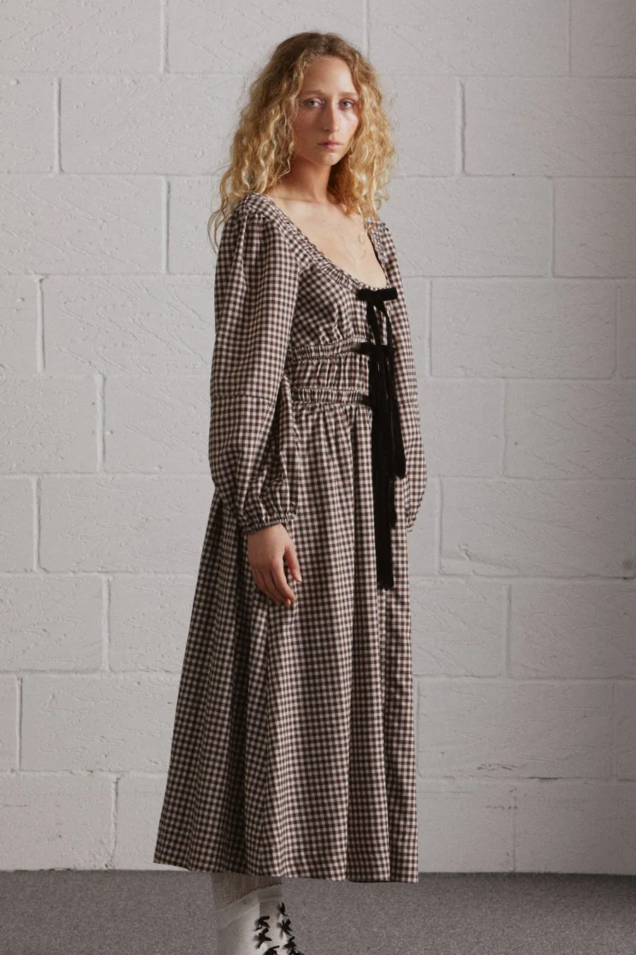 dakota bow midi dress - chocolate check sold by Damson Madder product image thumbnail 2