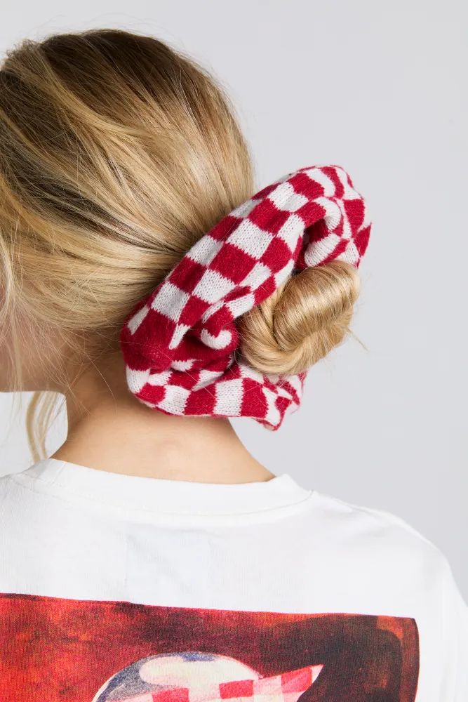knitted scrunchie in red & ecru gingham sold by Damson Madder product image thumbnail 5