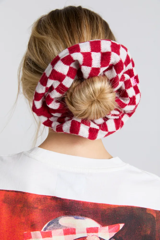 knitted scrunchie in red & ecru gingham sold by Damson Madder