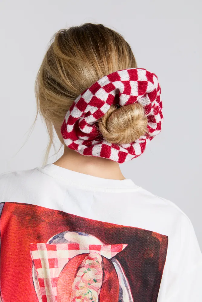knitted scrunchie in red & ecru gingham sold by Damson Madder product image thumbnail 4