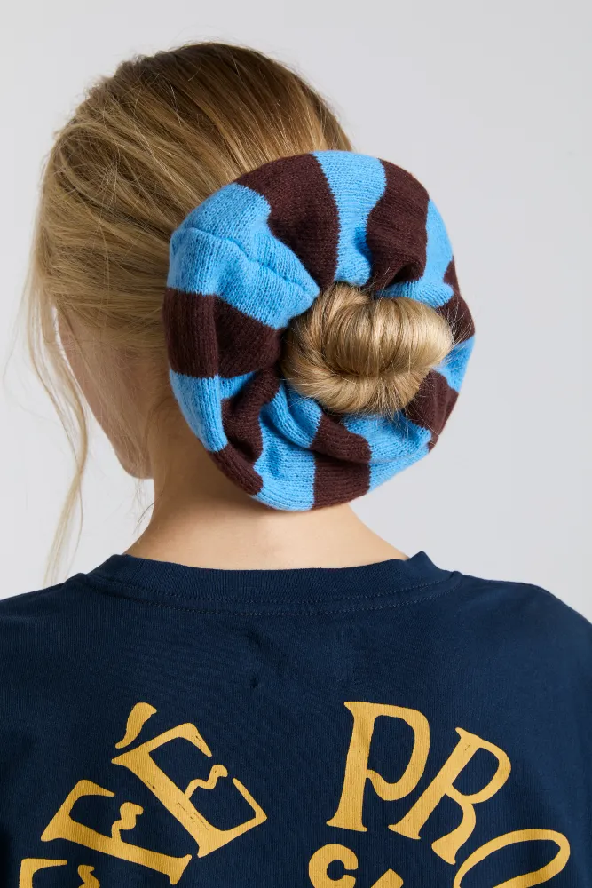 knitted scrunchie in choc & blue stripe sold by Damson Madder product image thumbnail 5
