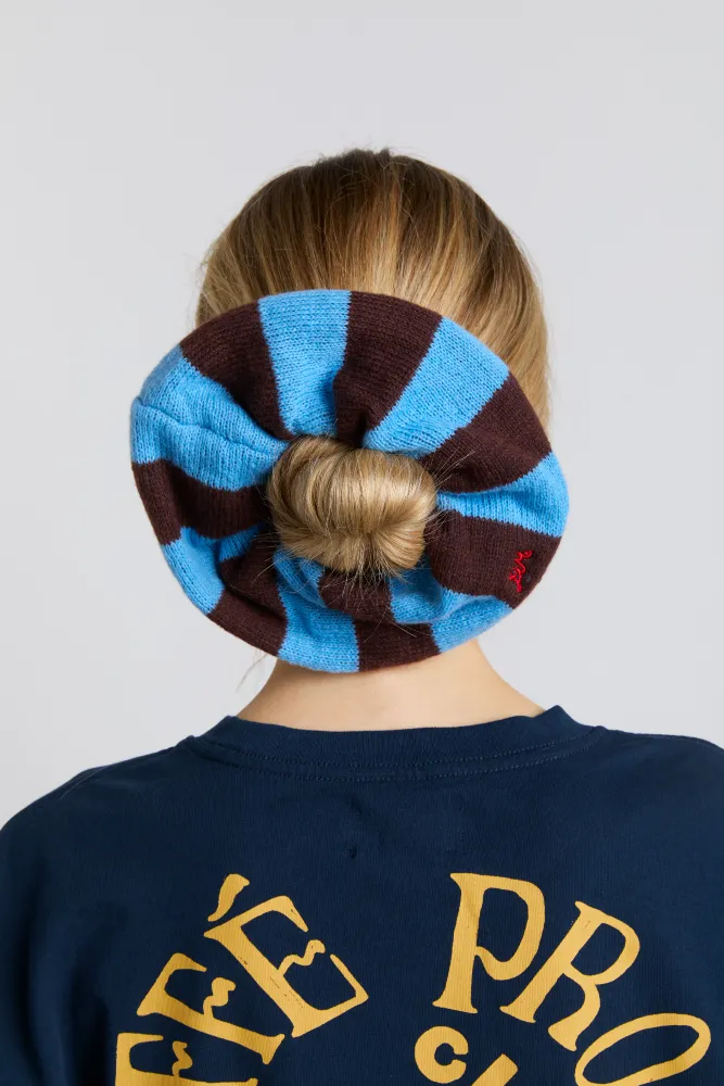 knitted scrunchie in choc & blue stripe sold by Damson Madder product image thumbnail 4