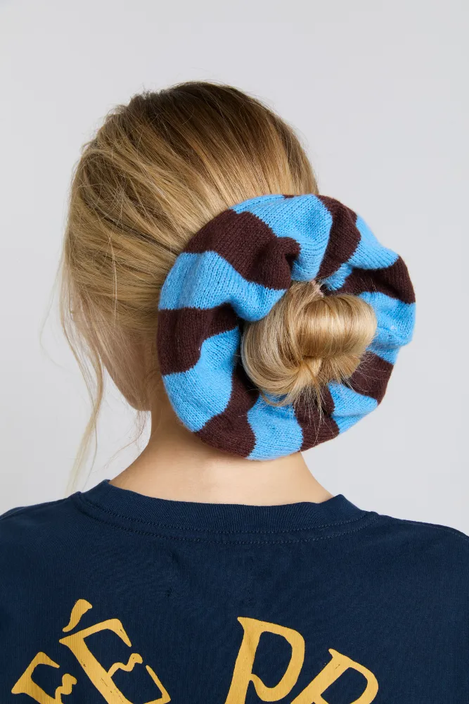 knitted scrunchie in choc & blue stripe sold by Damson Madder