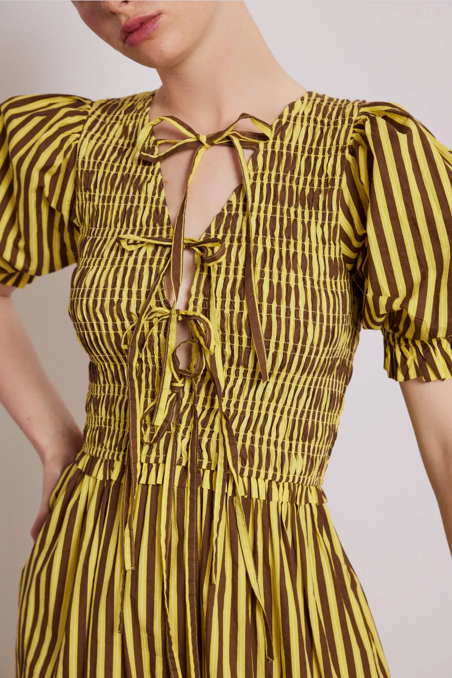 bluebelle midi dress - brown yellow stripe | Parallel
