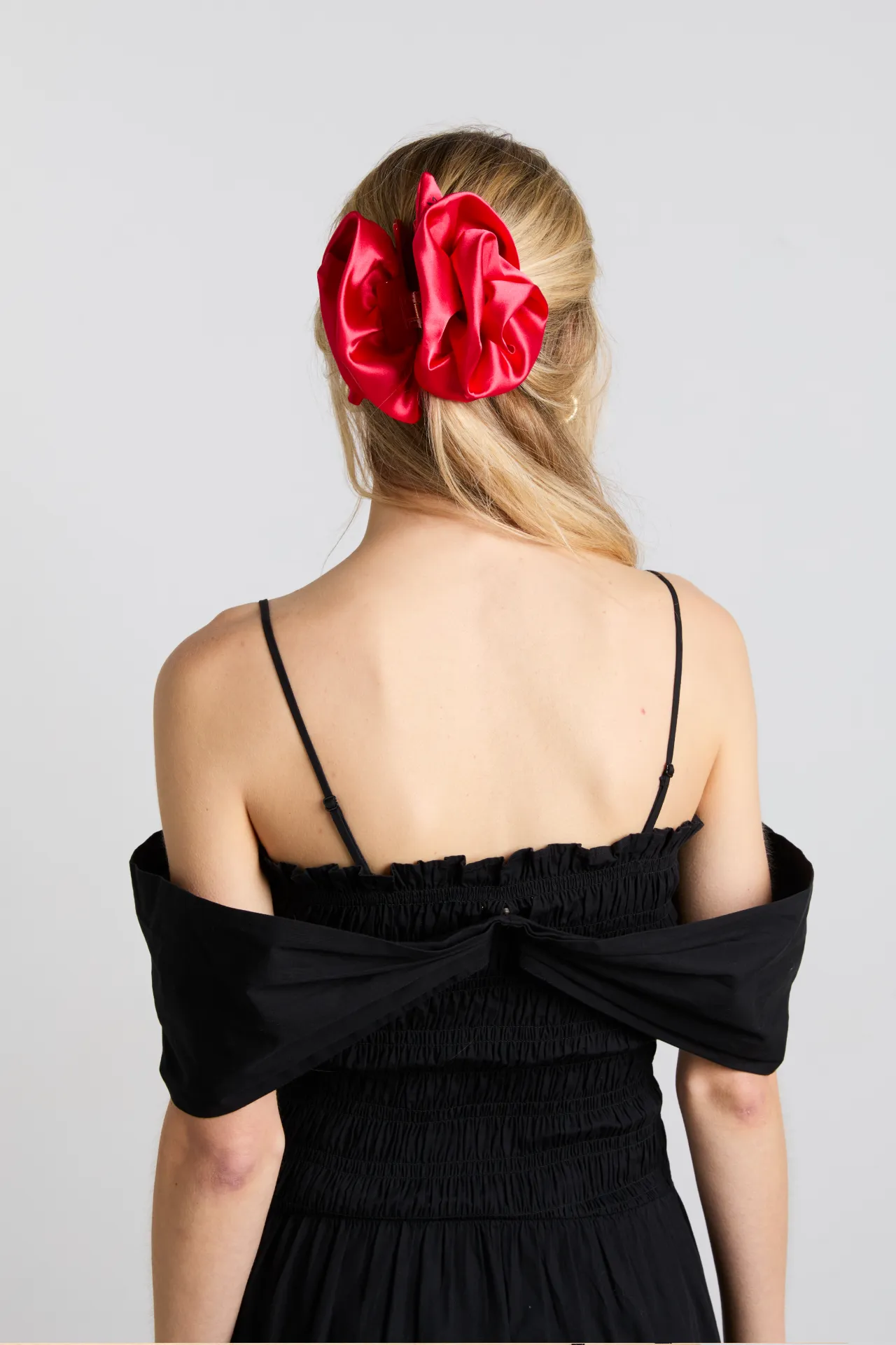 oversized satin rose hairclip in red sold by Damson Madder