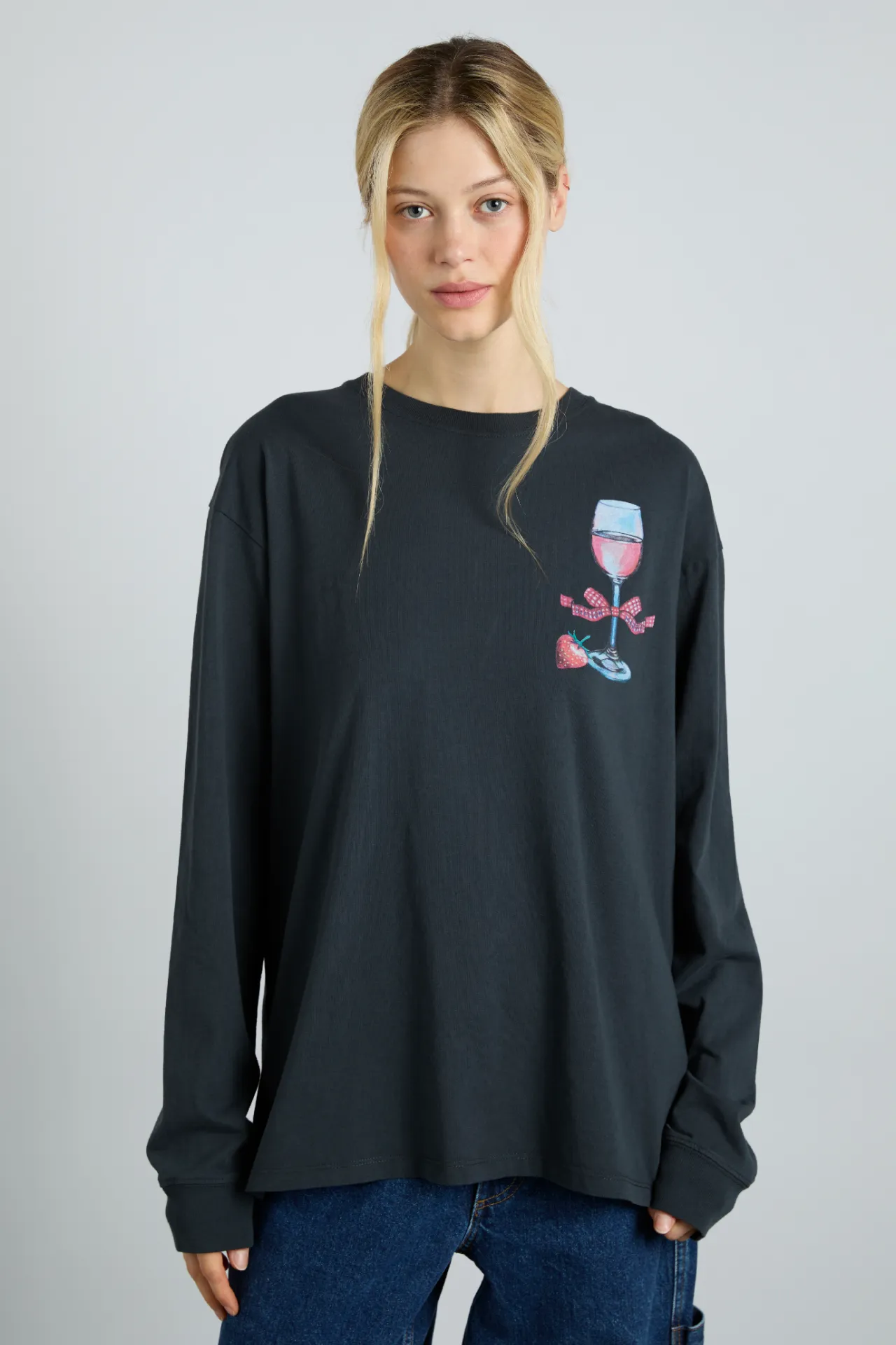 rose wine long sleeve tee- charcoal sold by Damson Madder product image thumbnail 2