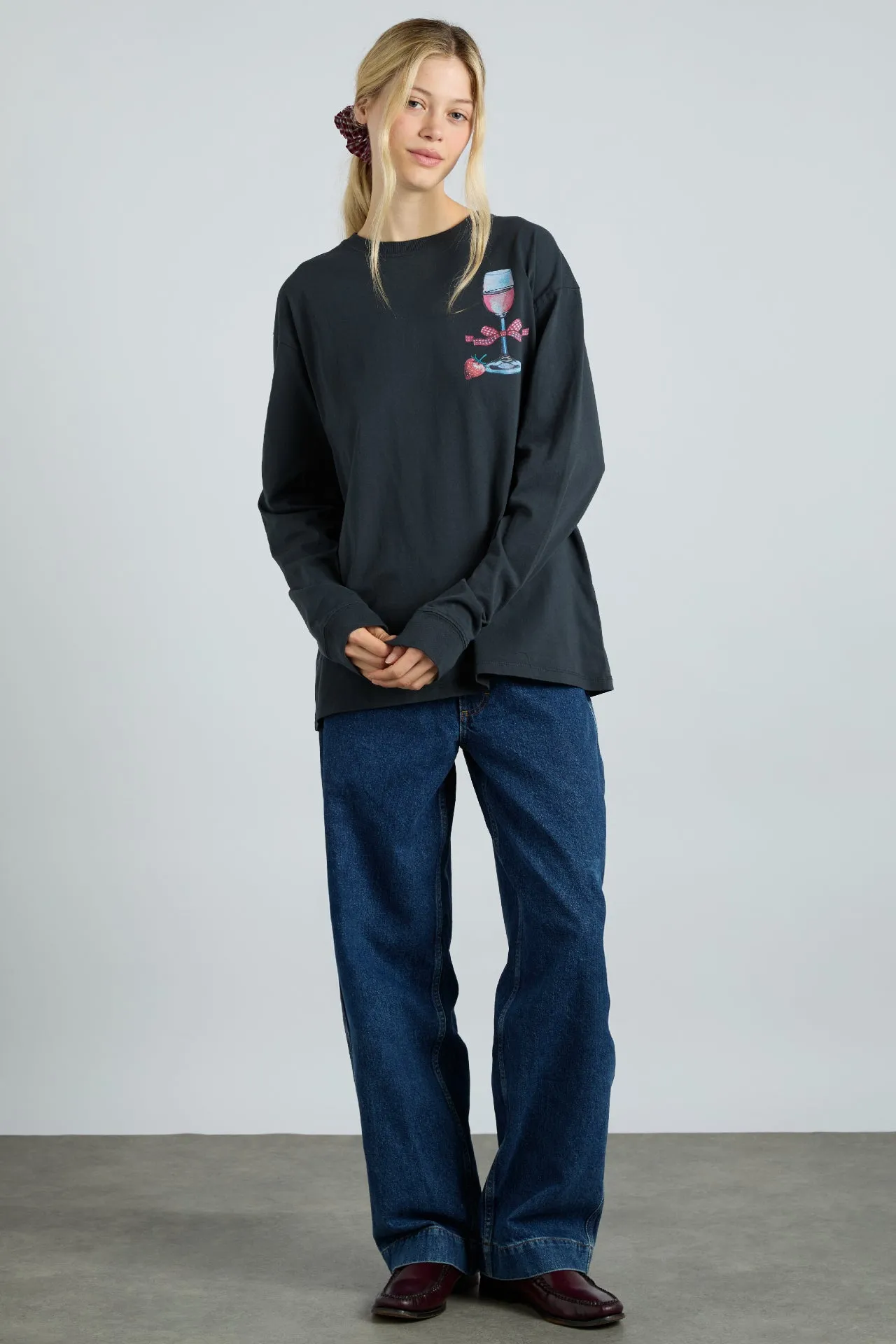 rose wine long sleeve tee- charcoal sold by Damson Madder product image thumbnail 4