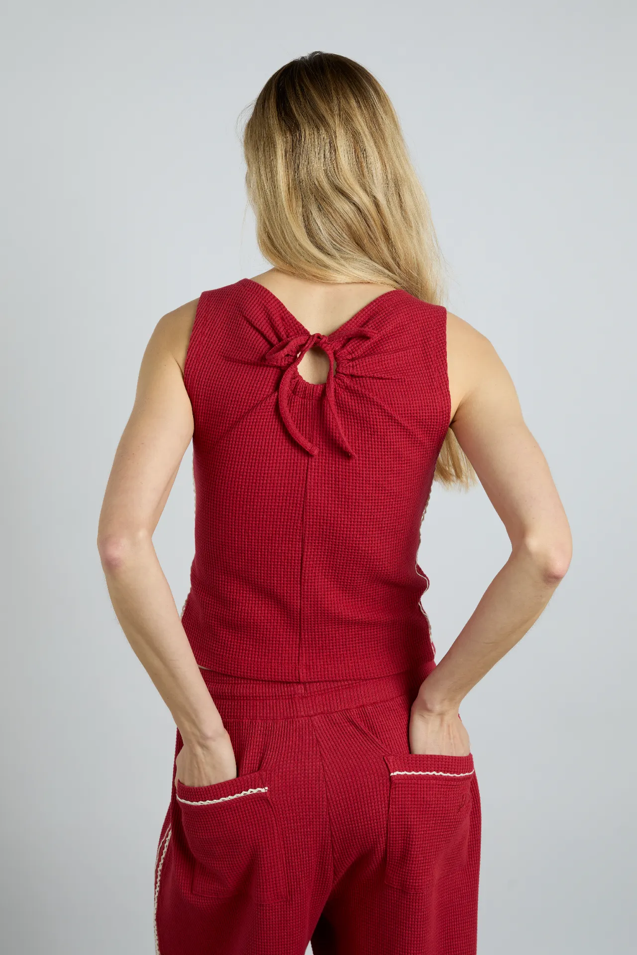 betsie waffle button tank- red sold by Damson Madder product image thumbnail 2