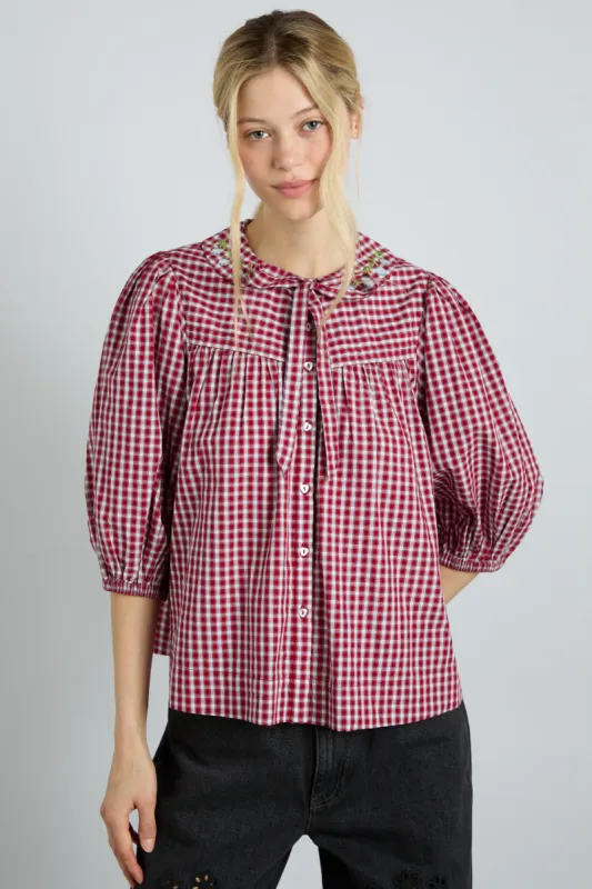 mila blouse - cherry gingham sold by Damson Madder