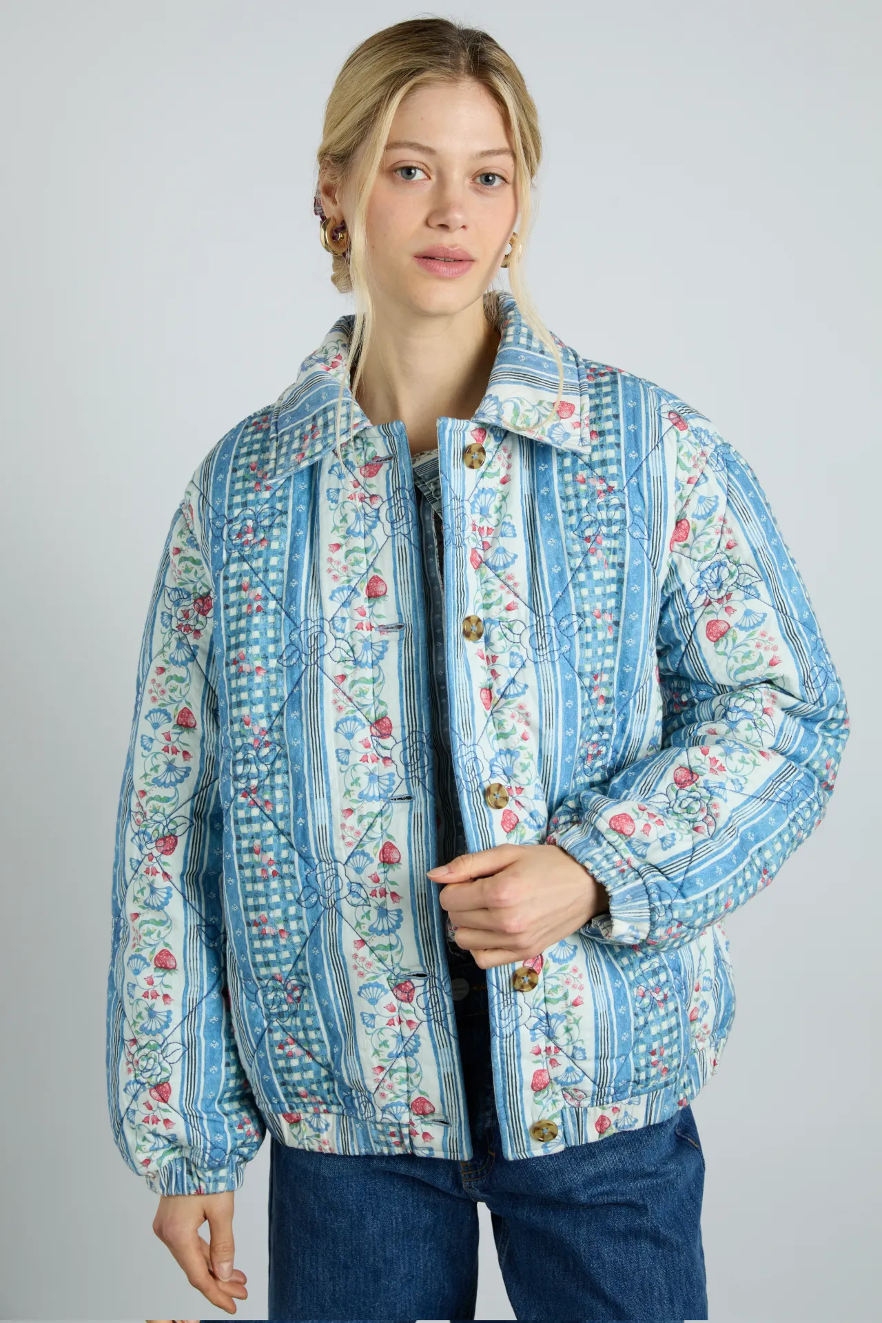 reversible claudia jacket- blue stripe & wallpaper floral sold by Damson Madder