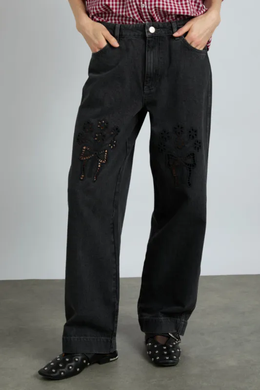 drew jeans- washed black broderie sold by Damson Madder