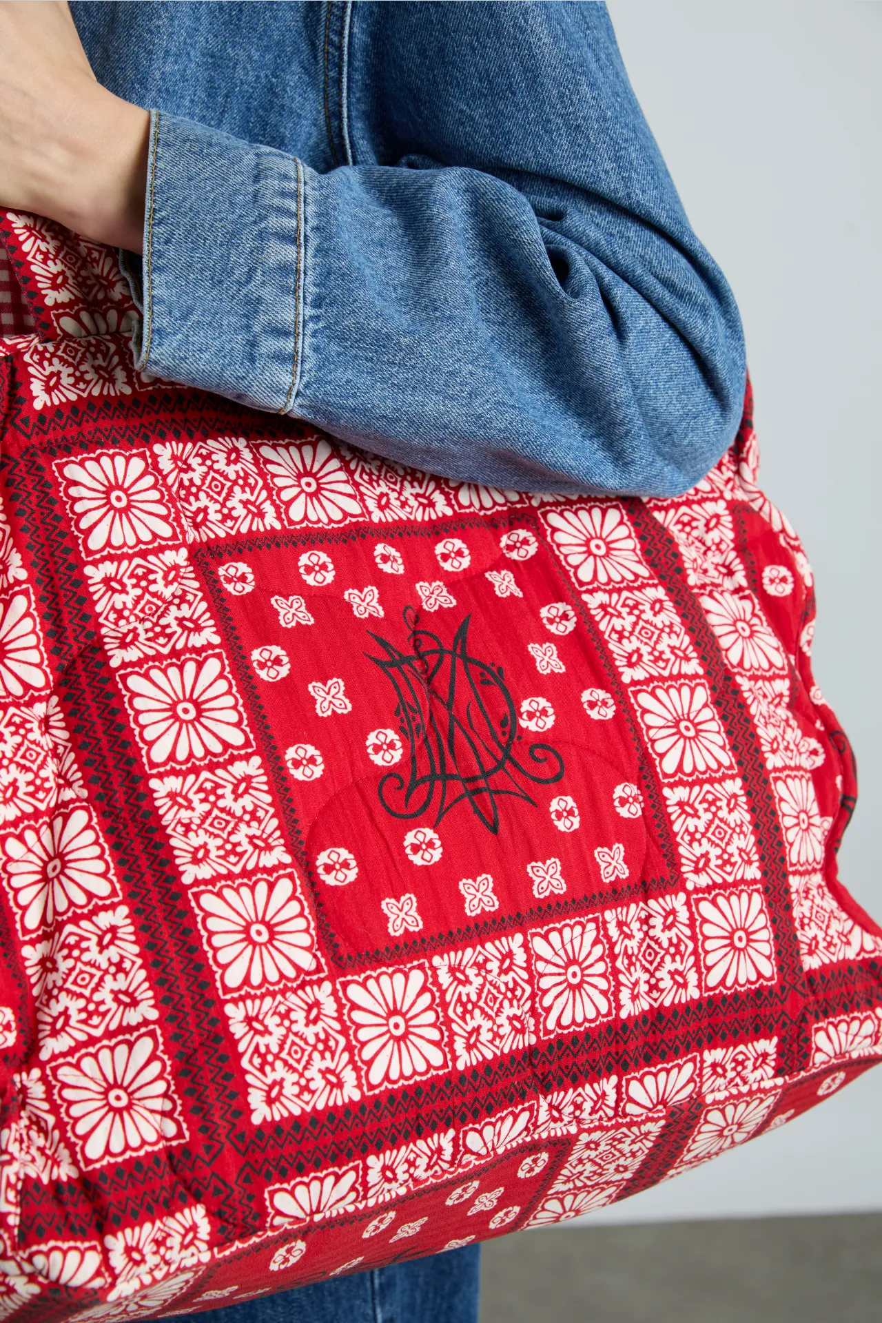 quilted tote bag in red bandana print sold by Damson Madder product image thumbnail 2
