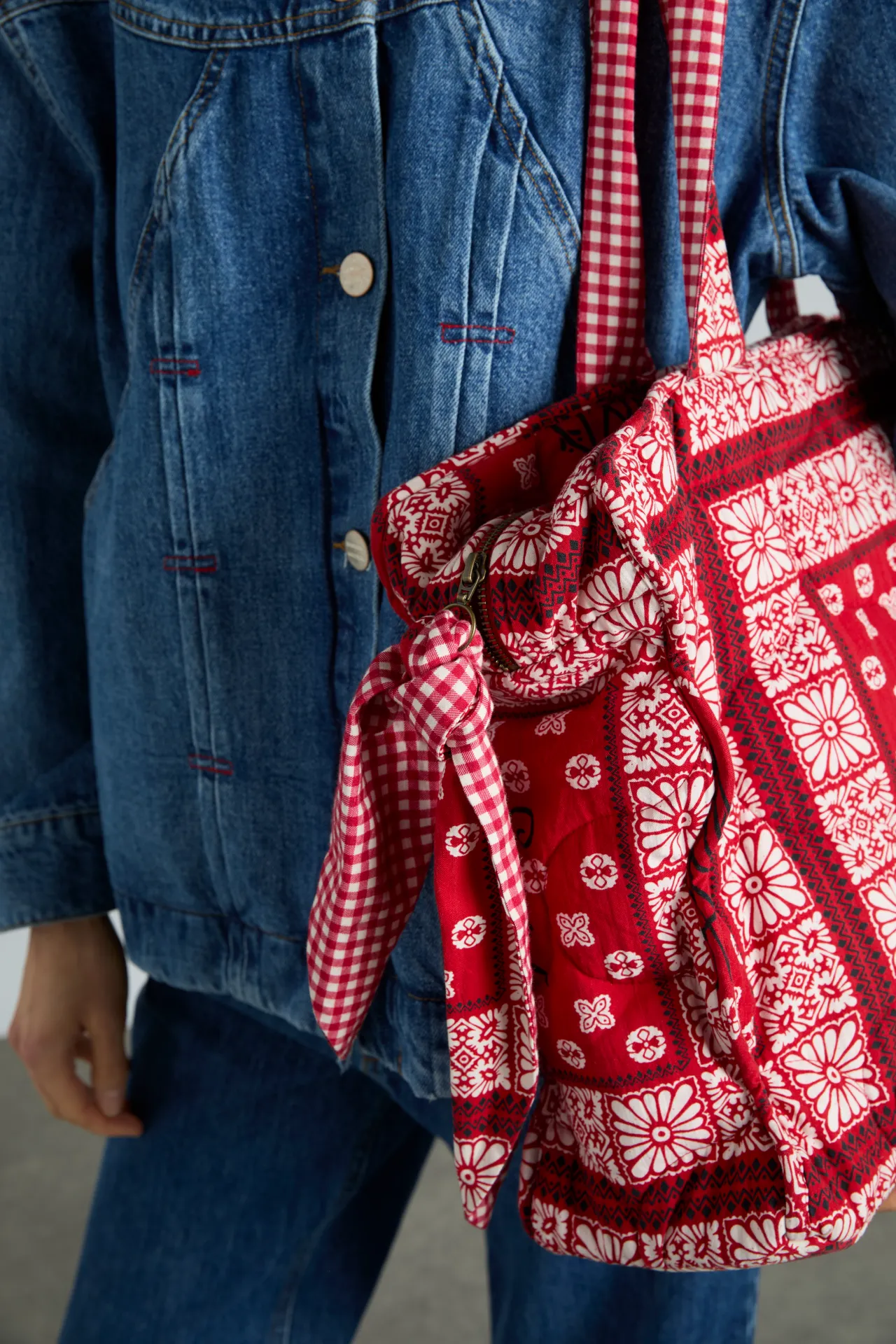 quilted tote bag in red bandana print sold by Damson Madder product image thumbnail 4