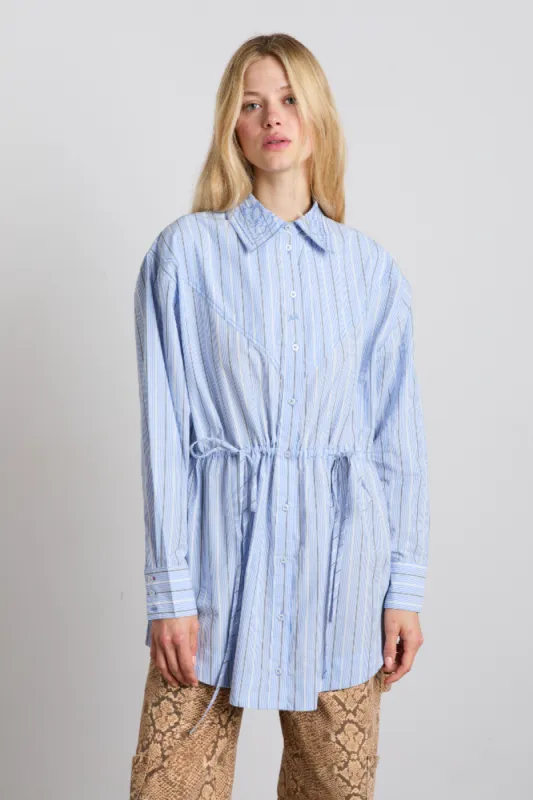 romy embroidered shirt - narrow business stripe sold by Damson Madder