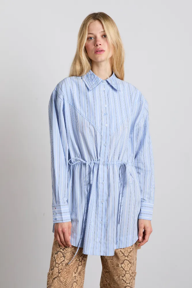 romy embroidered shirt - narrow business stripe sold by Damson Madder