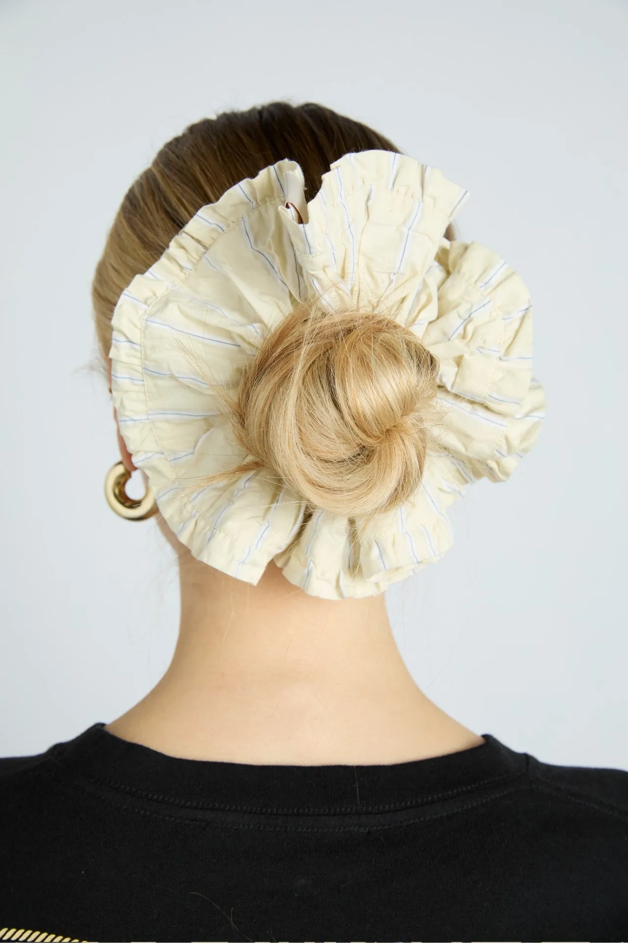 scrunchie in butter business stripe sold by Damson Madder