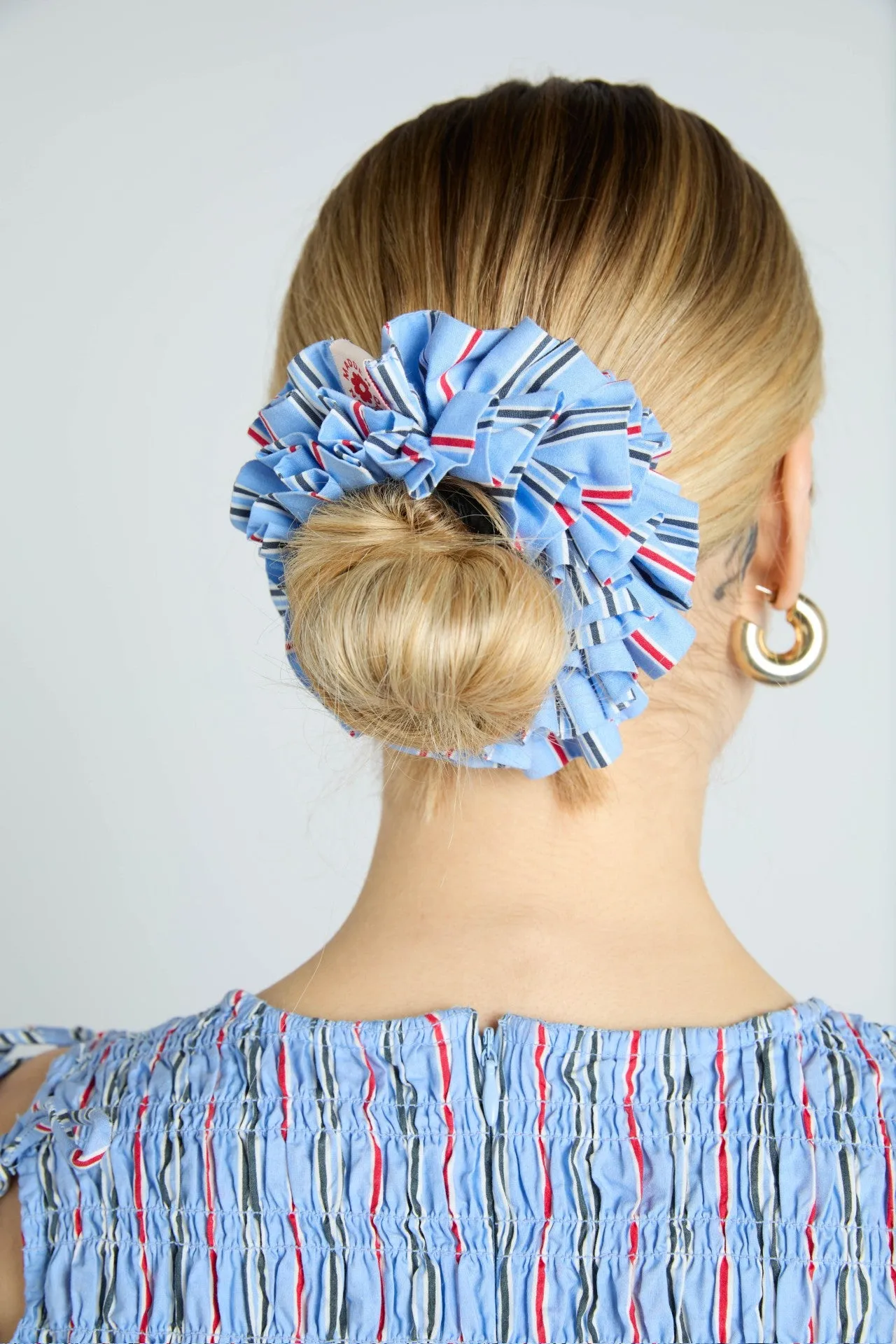 garter scrunchie in blue stripe sold by Damson Madder