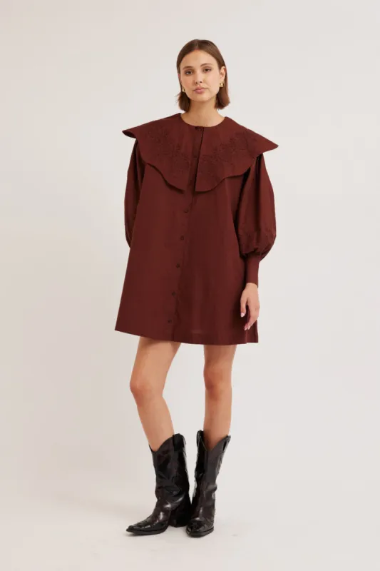 mimi mini dress - chocolate broderie sold by Damson Madder