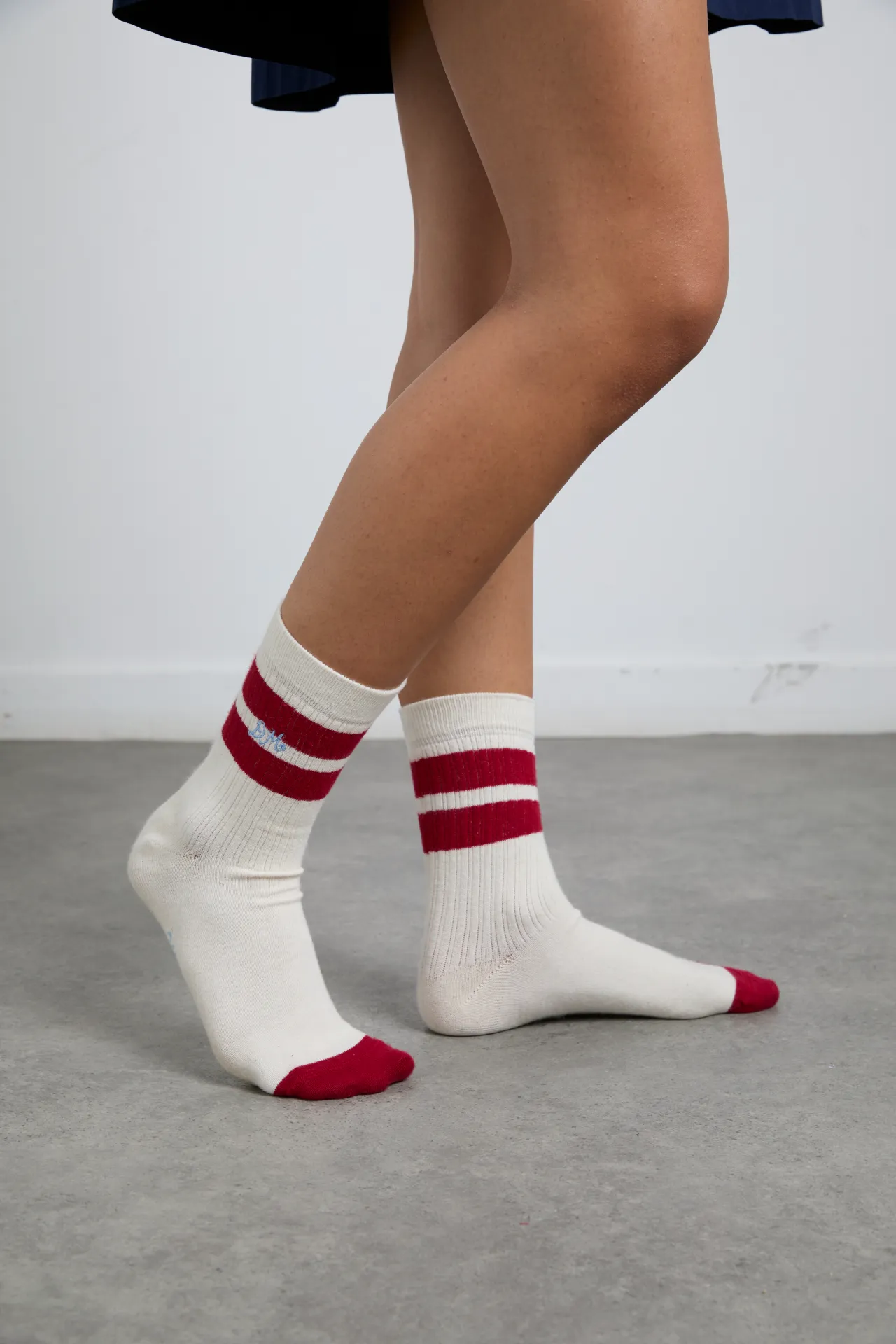 sporty calf length socks in cream and red sold by Damson Madder product image thumbnail 2