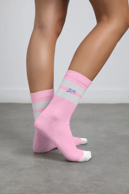 sporty calf length socks in pink and ecru sold by Damson Madder