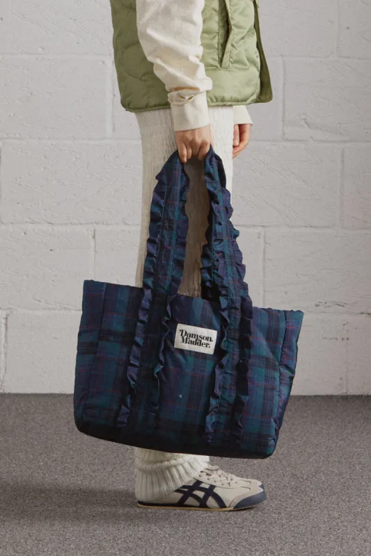 frill tote in green check sold by Damson Madder