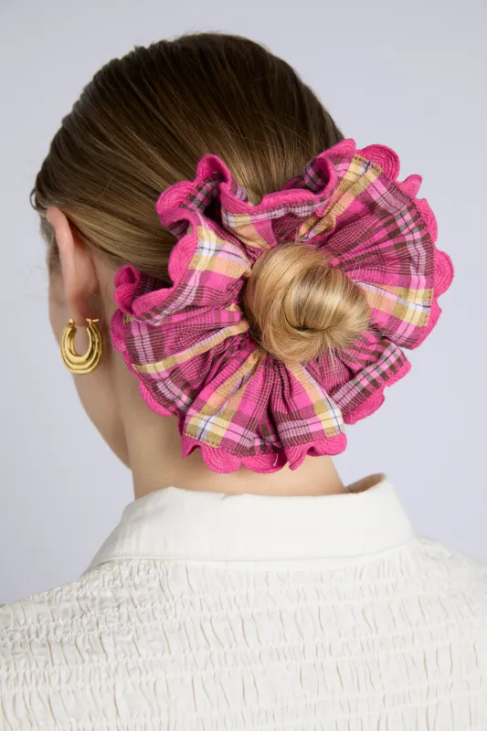 check scrunchie with rik rak edge sold by Damson Madder