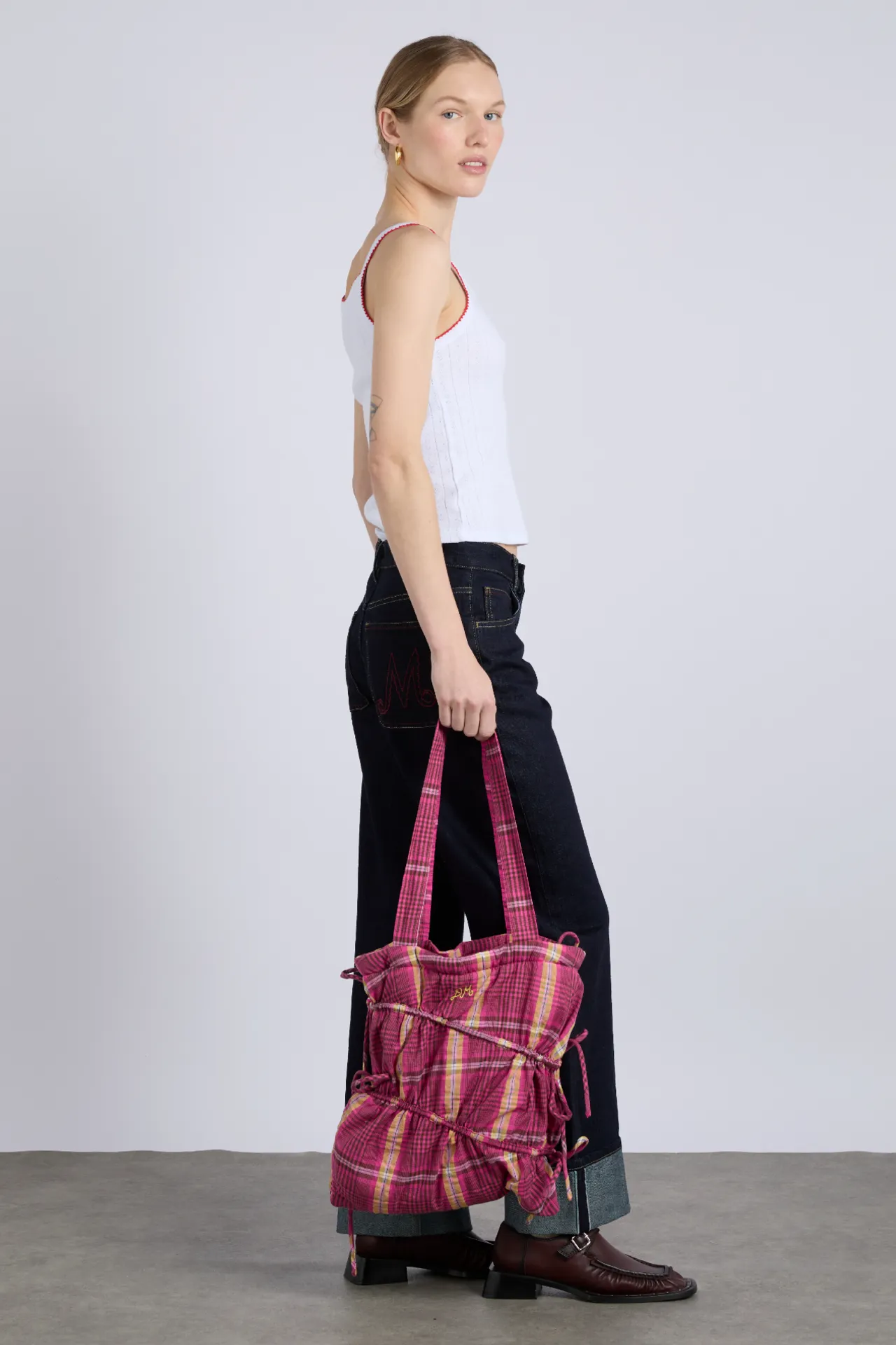 wavy bow tote bag in pink & khaki check sold by Damson Madder product image thumbnail 4