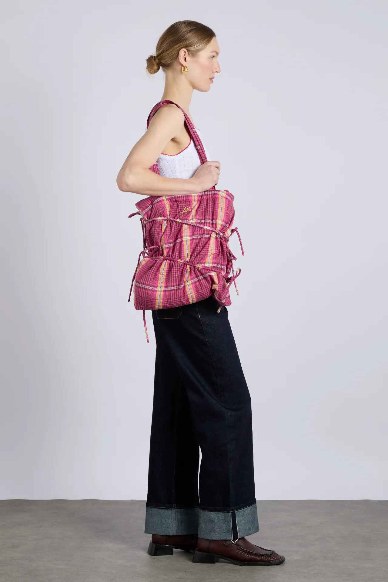 wavy bow tote bag in pink & khaki check sold by Damson Madder product image thumbnail 2