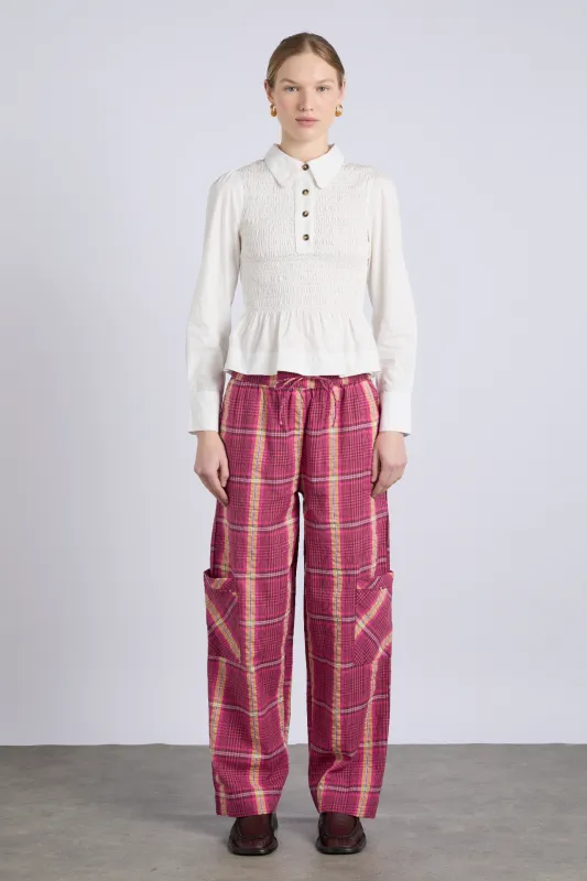 harrison trouser - pink/khaki check sold by Damson Madder