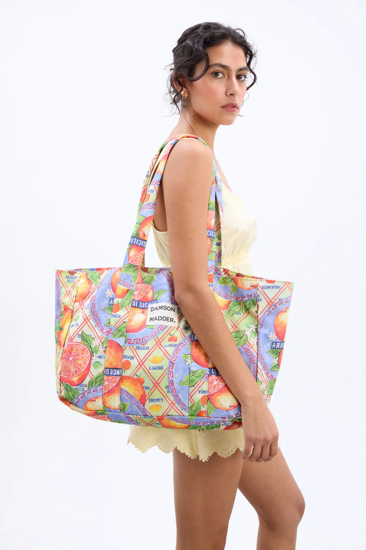 printed canvas tote- orange fruit wrapper sold by Damson Madder