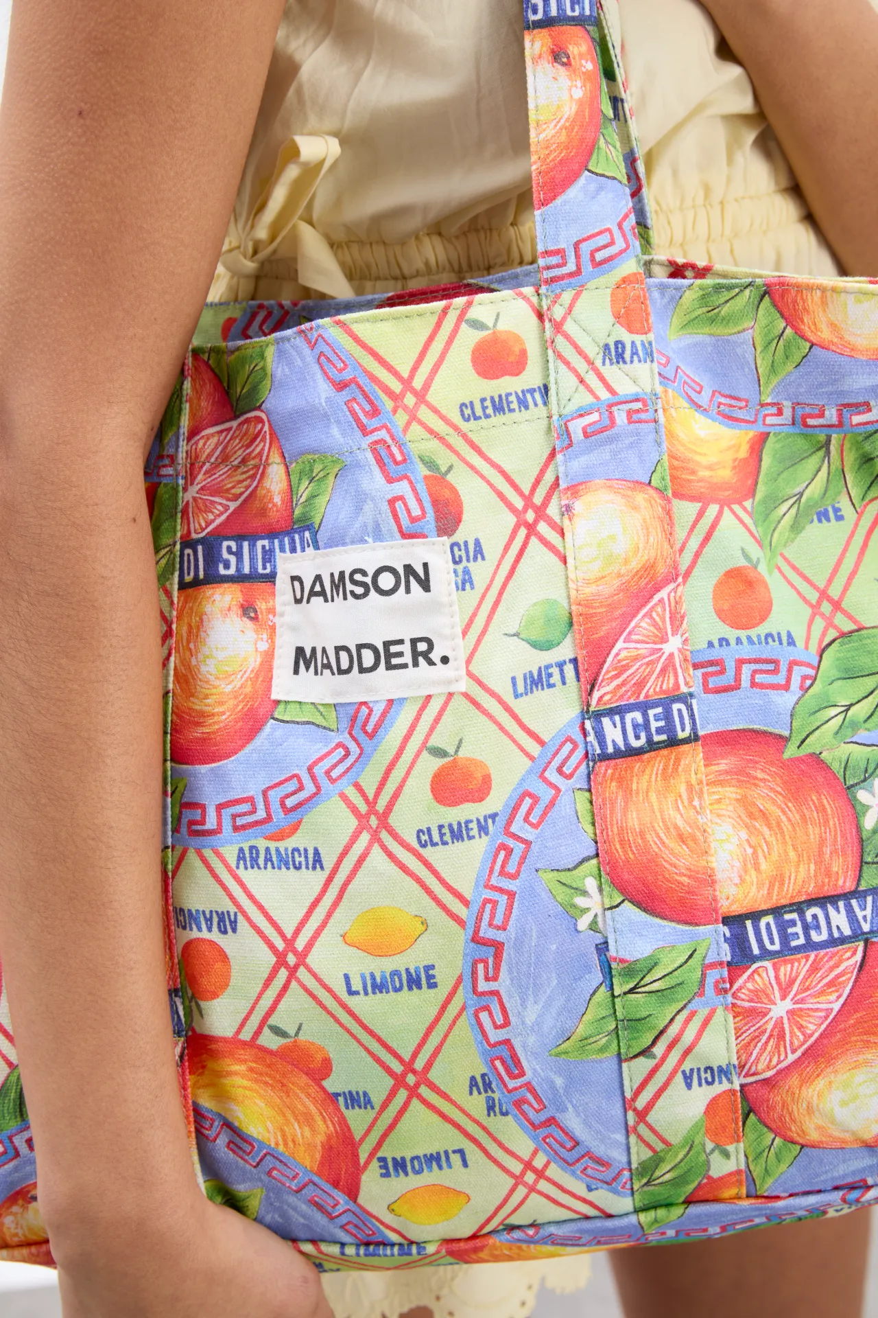 printed canvas tote- orange fruit wrapper sold by Damson Madder product image thumbnail 2