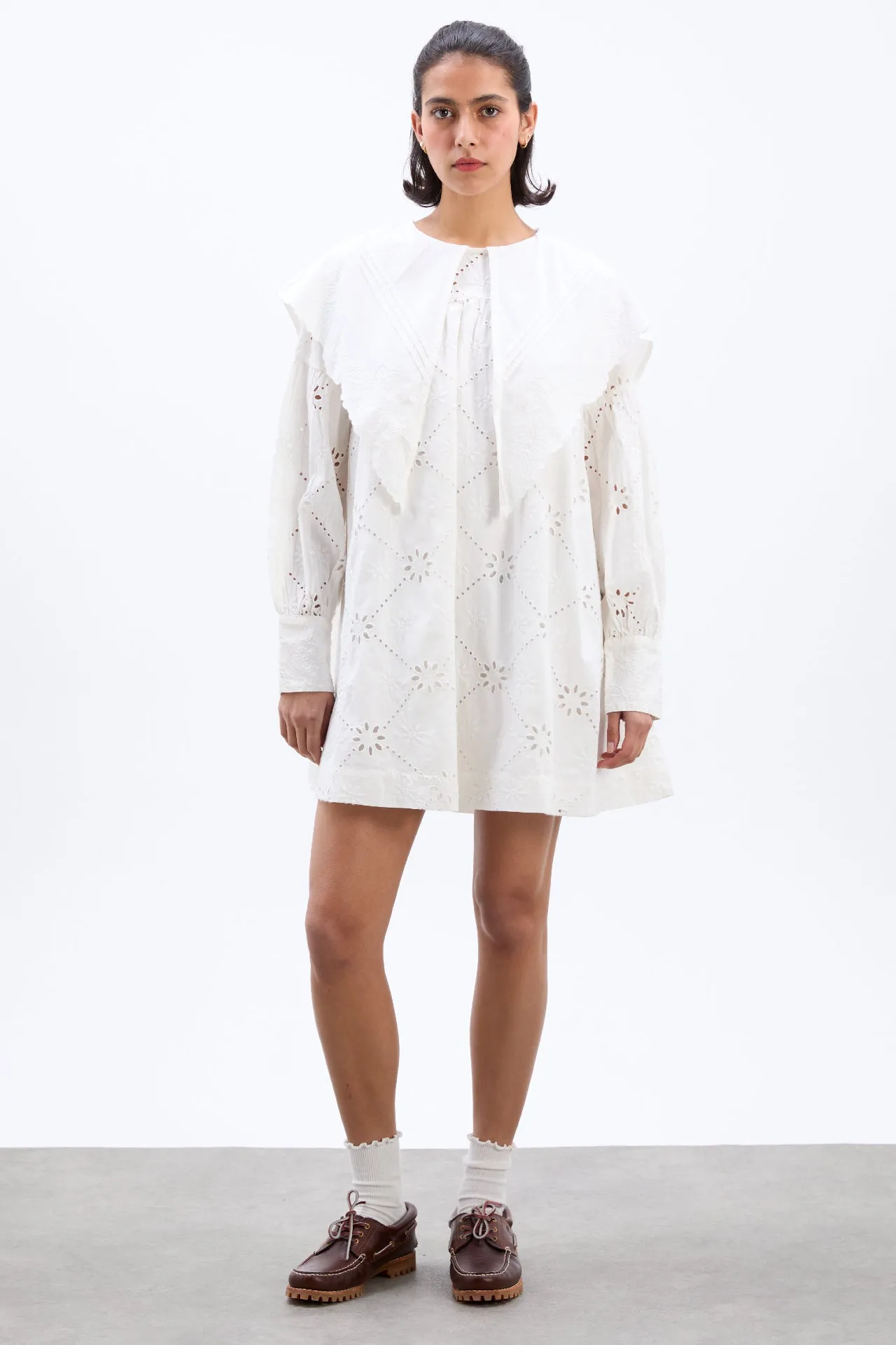 clementine embroidered collared mini dress - white sold by Damson Madder