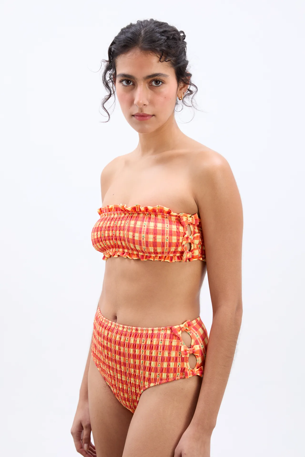 shirred bow bikini top - orange gingham sold by Damson Madder product image thumbnail 3