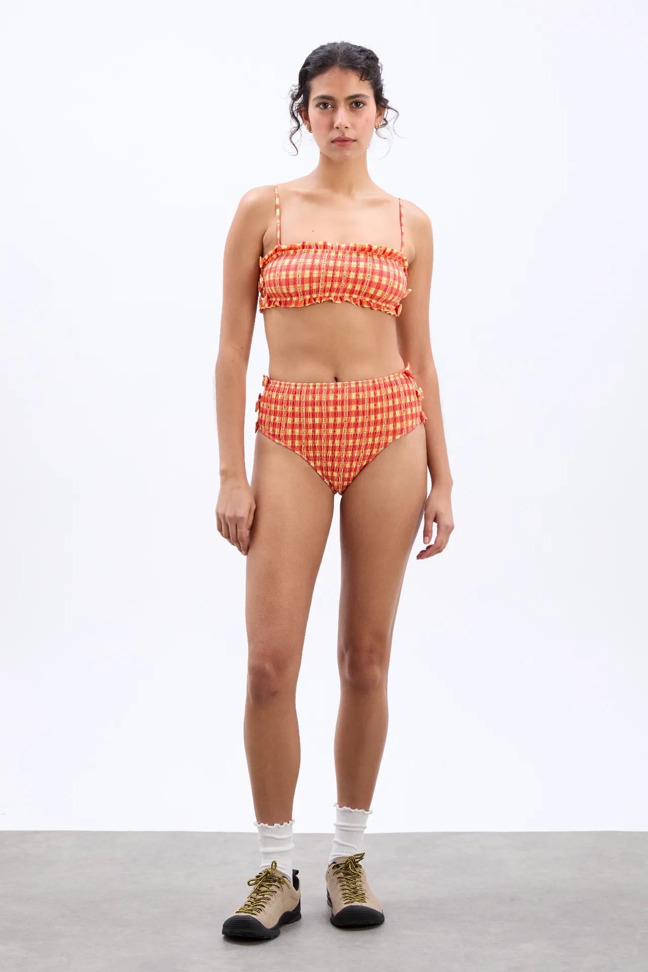shirred bow bikini top - orange gingham sold by Damson Madder product image thumbnail 2