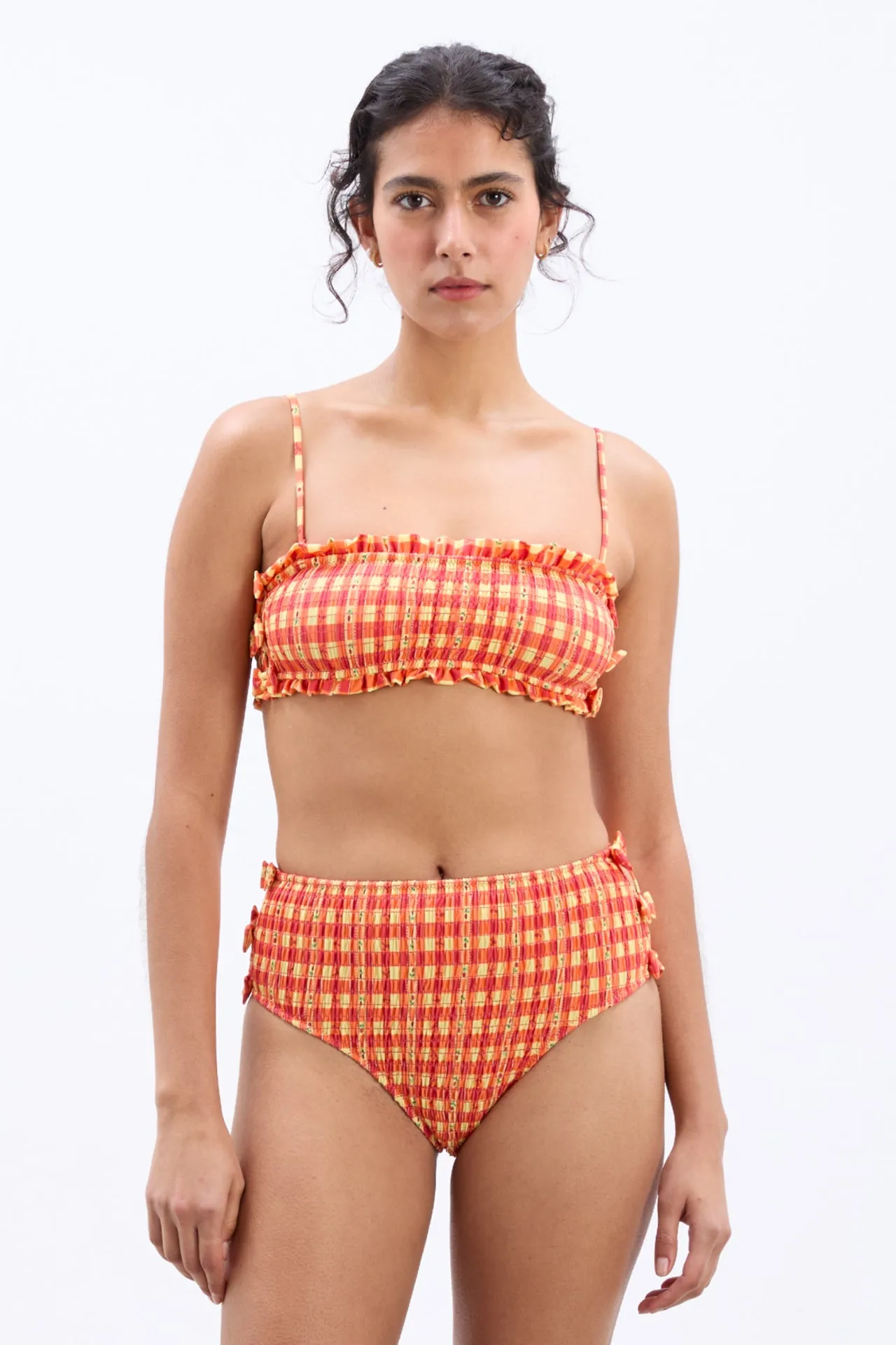 shirred bow bikini top - orange gingham sold by Damson Madder