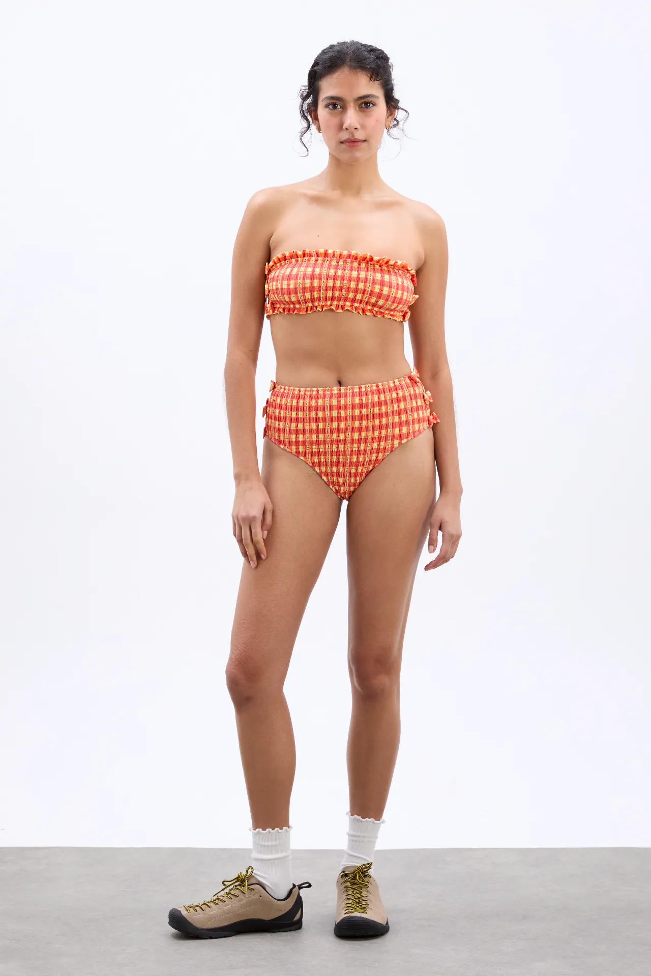 Shirred Bow High Bikini Bottoms - Orange Gingham sold by Damson Madder