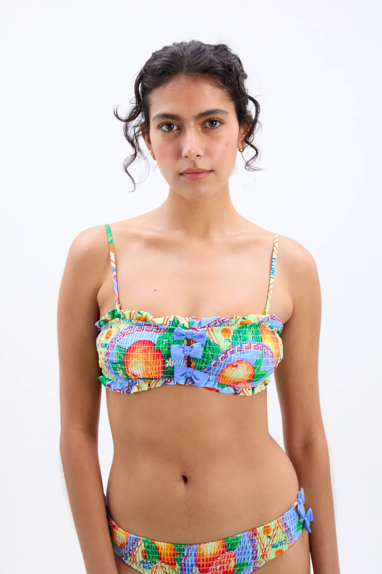jessie shirred bow bikini top - orange fruit wrapper sold by Damson Madder product image thumbnail 4