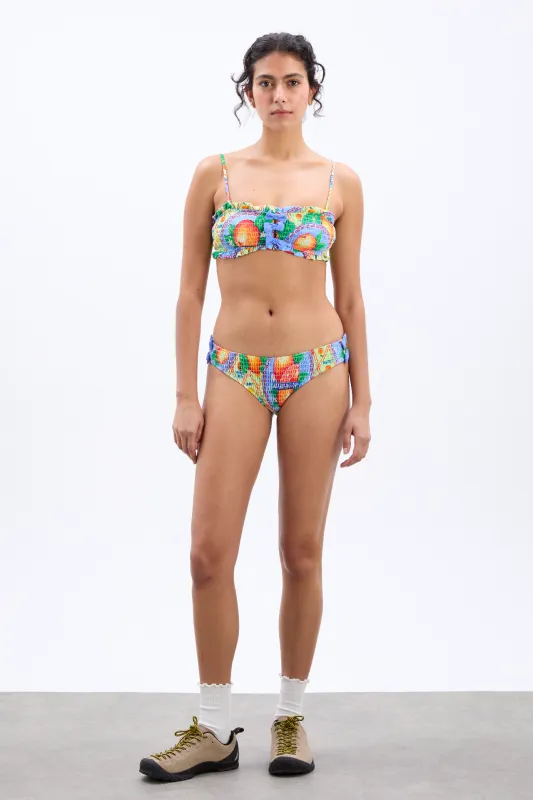 shirred bow bikini bottoms - orange fruit wrapper sold by Damson Madder