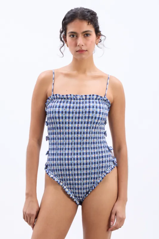 betty swimsuit - blue margot gingham sold by Damson Madder