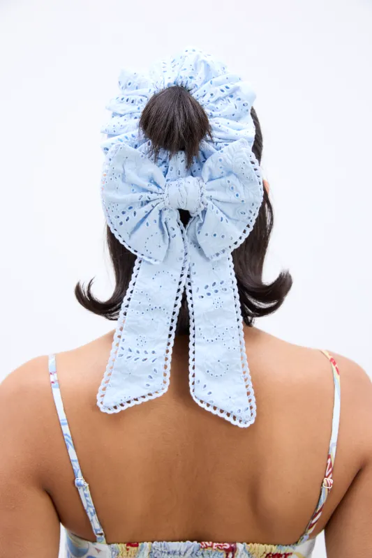 iris broderie bow scrunchie in pale blue sold by Damson Madder