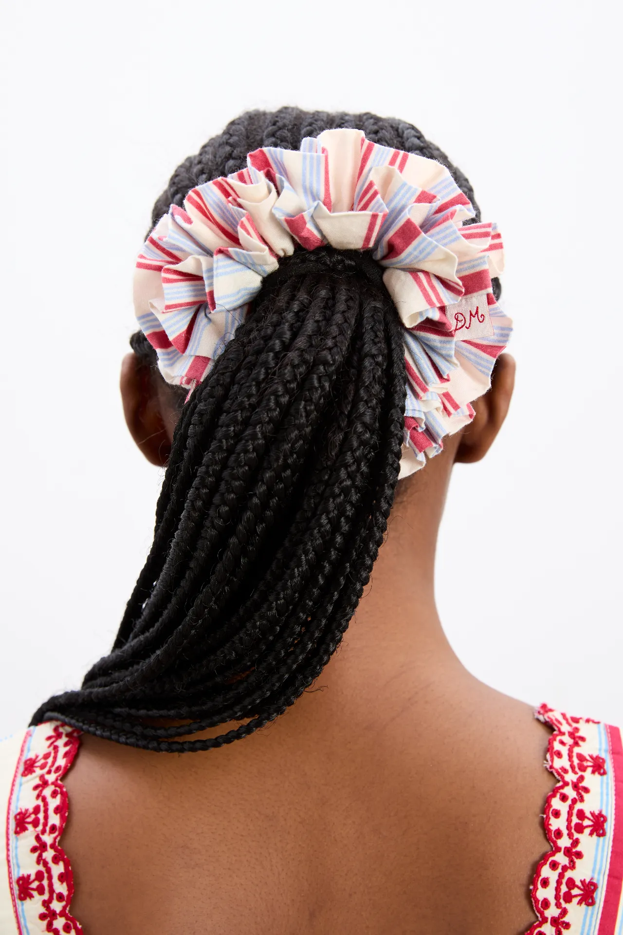 garter scrunchie in cherry business stripe sold by Damson Madder