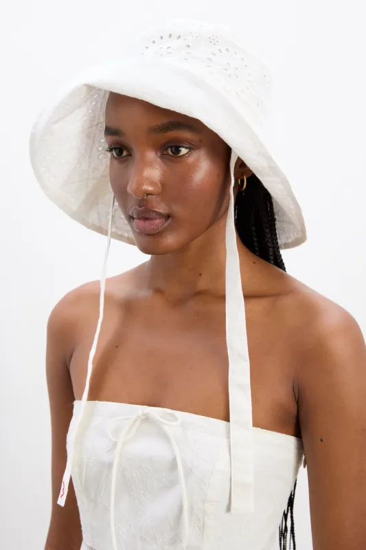 lillian broderie sun hat in white broderie sold by Damson Madder