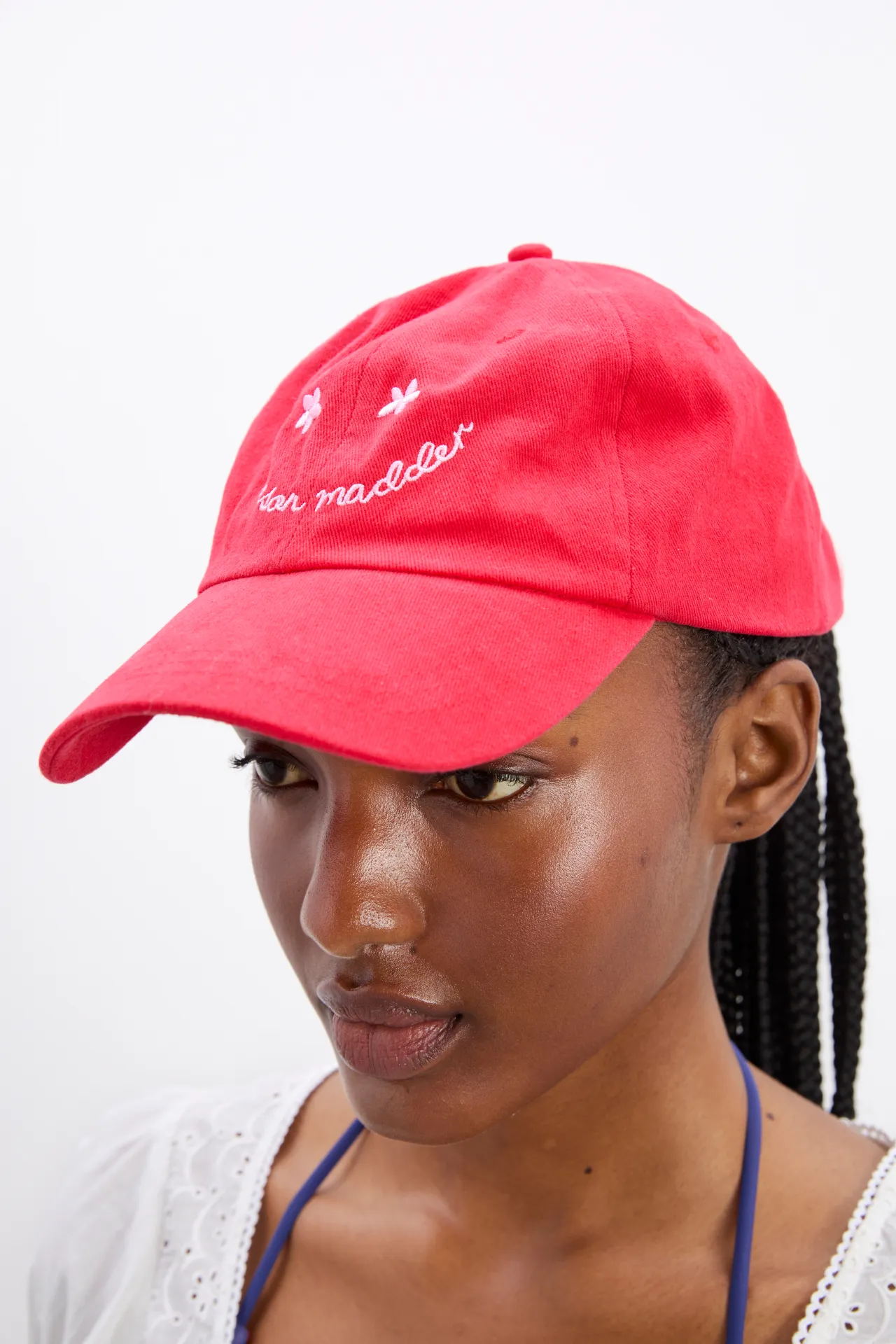 washed smiley cap in red with pink embroidery sold by Damson Madder product image thumbnail 2