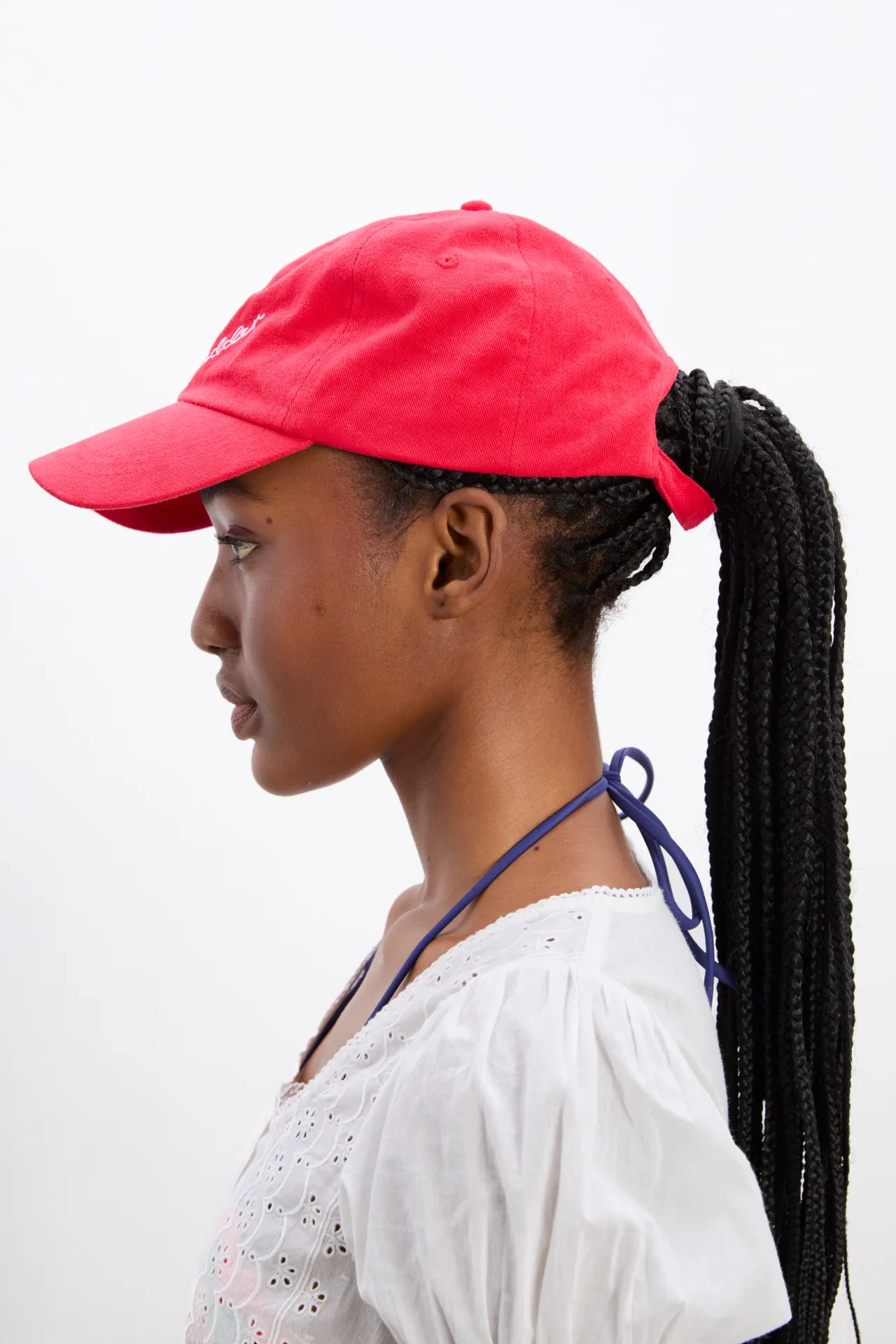 washed smiley cap in red with pink embroidery sold by Damson Madder product image thumbnail 3